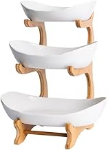3-Tier Fruit Bowl Stand – Space-Saving Fruit Holder with White Plastic Baskets & Bamboo Frame | Modern Countertop Organizer for Fruits, Vegetables, Snacks & More | Eco-Friendly Kitchen Storage Rack