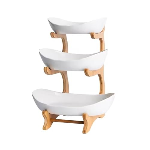 Auzone Store -3 Tier Porcelain Fruit Bowl with Bamboo Stand, White Serving Display for Kitchen Counter, Snacks, Fruits, Desserts, Elegant Space-Saving Organizer for Home & Dining Décor