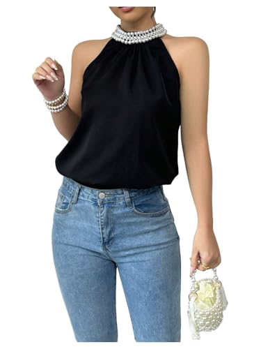 RoseSeek Women's Summer Halter Tops Beaded Sleeveless Blouses Casual Dressy Elegant Work Blouse Shirts Black Large