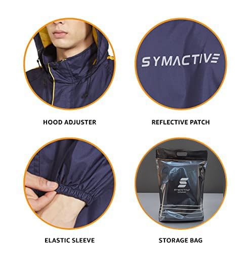 Diwali Sale Amazon Brand - Symactive Polyester Men'S Casual Style Waterproof Taping Raincoat Jacket With Hood, Pant And Carry Pouch (Unisex, Blue, Large)