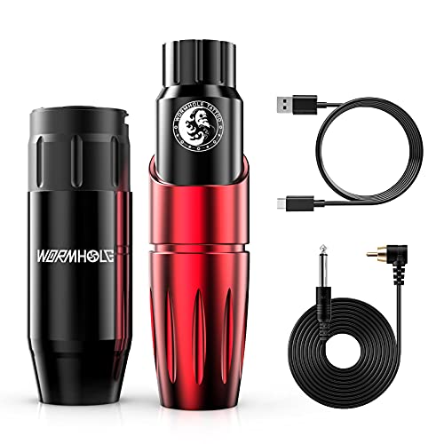 Wormhole Wireless Tattoo Machine with Tattoo Battery Pack Power Supply, RCA Tattoo Cord, Type-C Cable, Wireless Rotary Tattoo Machine Tattoo Pen Tattoo Kit (1,200mAh+Red)
