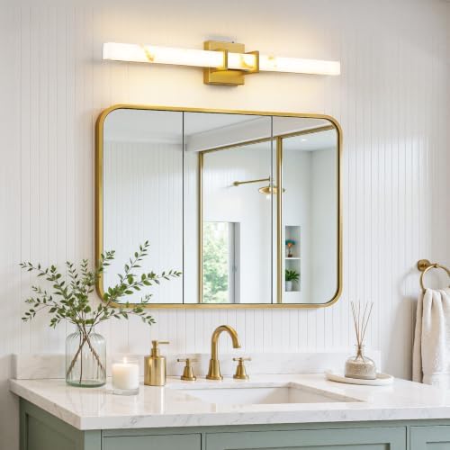 Linour Modern Bathroom Vanity Light 30 inch, 20W Dimmable 5CCT Led Bathroom Light Fixture Over Mirror, Gold Bar Vanity Light with Faux Marble Resin Shade for Bathroom Mirror Restroom