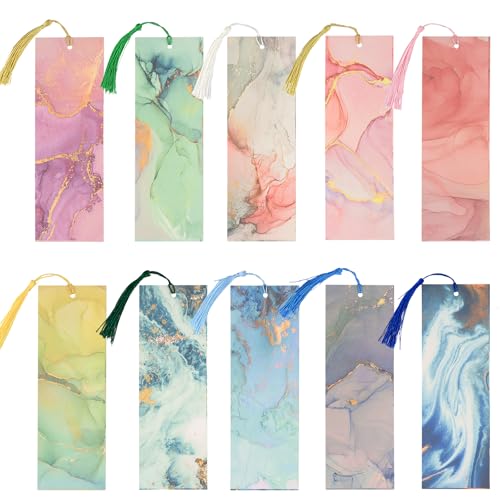 10 pcs Personalised Blank Bookmark with Tassels Cute Bookmarks with Unique Marble Patterns Book Accessories Small Gifts Book Markers Clip for Lovers Readers Teachers Adults