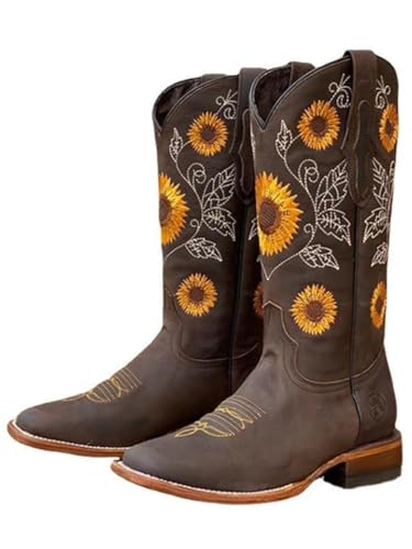 Ulalaza Stivali da donna western da cowboy e cowgirl al polpaccio con tacco spesso e medio ricamati, al ginocchio con punta squadrata