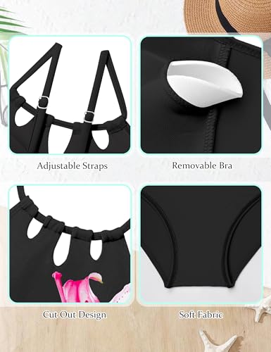 Image of KANGKANG Girls Swimsuit Quick Dry Cut Out One Piece Swimsuits with Tropical Print Cover Up Skirt Bathing Suit Swimwear 7-18Y