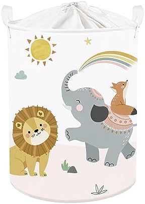 Clastyle 45L Cartoon Lion Elephant White Kids Laundry Hamper Fox Rainbow Sun Round Toy Clothes Storage Basket for Children Room, 14.2×17.7 in
