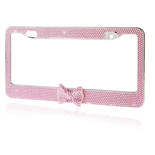 Fashion Premium Handmade Crystal License Plate Frames,Waterproof Bling License Plate Covers,Us Universal Rhinestone License Plate Holder For Women(1 Frame,Pink Frame Pink Bowknot) #TOP1
