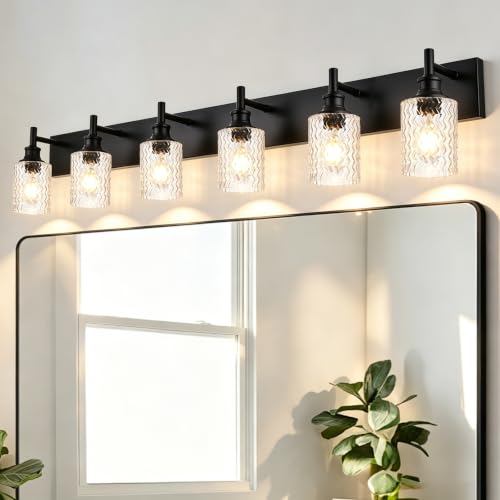 Image of 6 Lights Black Bathroom Lighting Fixtures with Clear Fluted Glass | Modern Farmhouse Vanity Light Bathroom Wall Sconces Over Mirror, E26 Socket, for Bedroom, Living Room, Hallway, Kitchen
