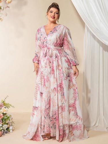 Image of Spring Summer 2024 Plus Size Womens Dresses V Neck Casual Elegant Long Sleeve Floral Print Maxi Dress