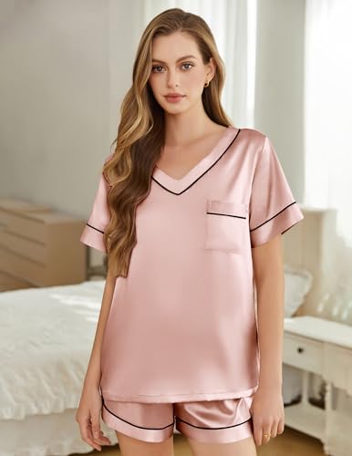 Image of Silk Pajamas for Women Short Sleeve Satin 2 Piece Pj Set Soft V Neck Sleepwear Loungewear, S-XXL