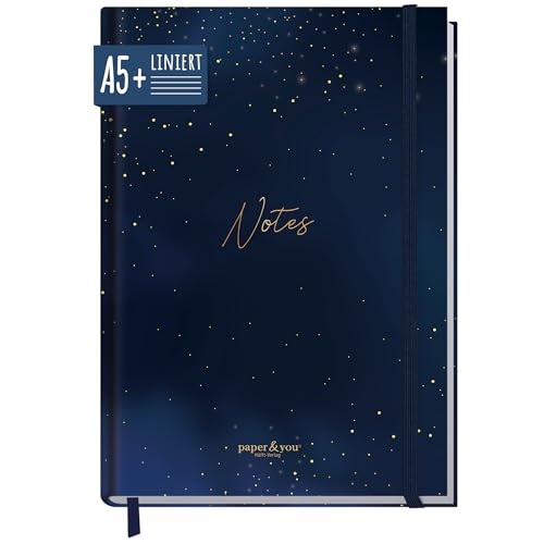 paper&you® Notizbuch A5+ liniert mit Gummiband 'Starry Night' 156 Seiten, 78 Blatt, 100 g/m² Premium-Papier - als Journal, Tagebuch, Notizheft - nachhaltig & klimafreundlich