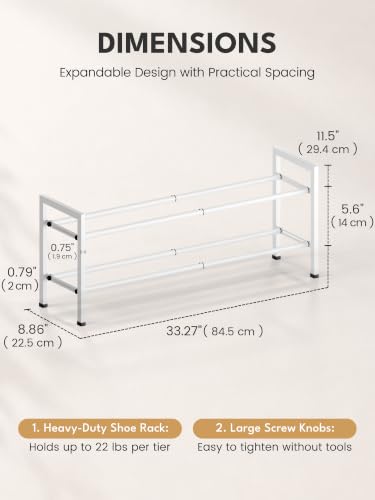 Image of Bumusty 2-Tier Expandable Shoe Rack for Closet, 18 inch-33 inch Adjustable Shoe Rack for Small Space, Small Shoe Organizer for Front Door, Sturdy Metal, White