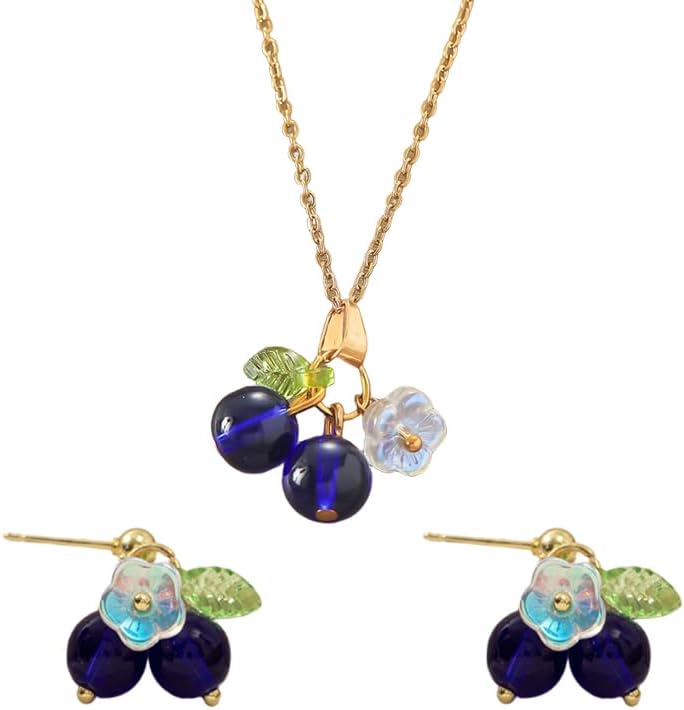 2Pcs Blueberry Necklace Earrings Set for Women Fruit Necklace Funny Cute Lightweight Blueberry Set Jewelry