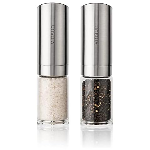 Vinsun® Electric Salt and Pepper Grinder Set - Stainless Steel Silver - Battery Powered - Single Handed Spice Mill - Adjustable Ceramic Grinder - 120ml ø53x205mm Cover