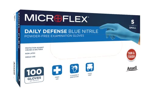 Microflex 10-733 Daily Defense Disposable Rubber Gloves for Cleaning, Food Prep, First Aid - Small, Blue (Box of 100)