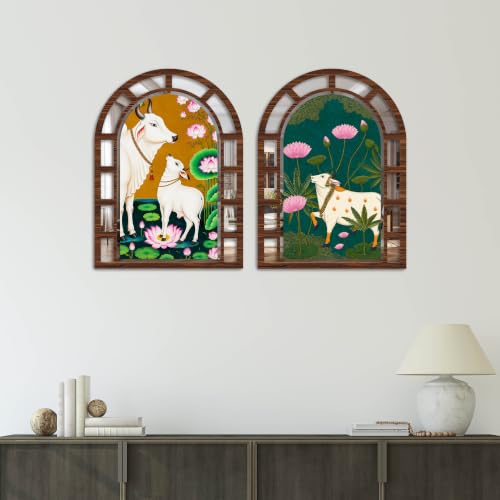 Image of Artvibes Pichwai Jharokha Mirror | Traditional Wall Hanging Decoration Item for Living Room, Hall & Bedroom | Gift for Festival (WH 12001N), Set of 2
