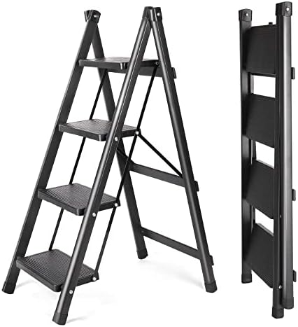 4 Step Ladder Lightweight Folding Step Stool Wide Anti-Slip Pedal and Foot mat with Securer Fastening Buckle,Portable Stepladder for Home and Kitchen,Holds up to 330 Lbs.