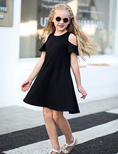 Arshiner Girls Summer Dress Short Sleeve Cold Shoulder Solid Color Swing Casual Dresses with Pockets2