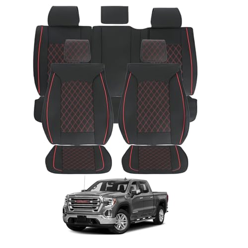 ROCCS Fit for Chevy Silverado Seat Covers Leather 5 Seats Full Set 2007-2026 GMC Sierra 1500 2500HD 3500HD Seat Cover,Breathable Airbag Compatible Waterproof Truck Covers,Red Line