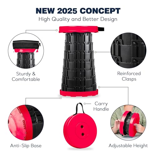 Image of Red Collapsible Stool Max 620lbs & 3-in-1 Cushioned Carry Bag, Portable Telescopic Stool for Adults, Adjustable Height Retractable Folding Seat or Footrest for Camping Hiking Travel