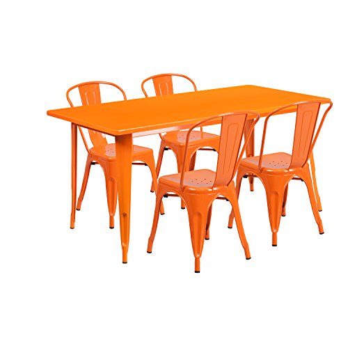 Flash Furniture 31.5'' X 63'' Rectangular Orange Metal Indoor-Outdoor Table Set With 4 Stack Chairs #TOP8