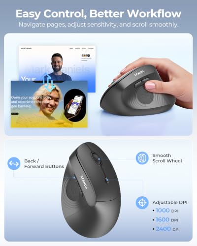 Image of seenda Ergonomic Wireless Mouse, MOU200 Vertical Bluetooth Mouse with 2.4G USB Receiver, Dual Bluetooth, Quiet Clicks, 52 Grip, 3-Level DPI, 116g Right Hand Mouse for Laptop PC Mac Android, Black