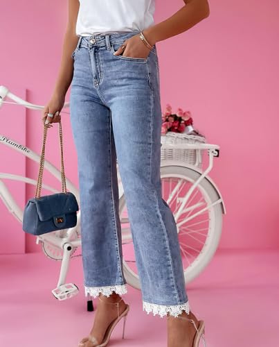 Womens Ankle Flare Jeans High Waist Lace Trim Bell Bottom Stretchy Ankle Jeans Wide Leg Short Denim Flare Pants4