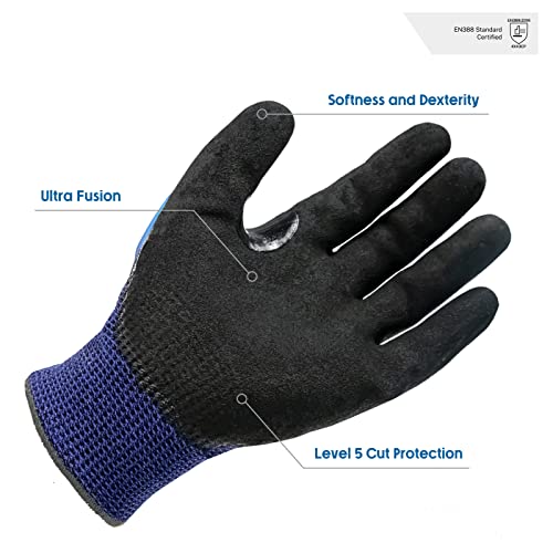 Andanda Level 5 Cut Resistant Work Gloves, Impact Resistant Mechanic Gloves With Tpr, Nitrile Coated, Power Grip, Industrial Grade Anti Vibration Gloves For Men/Women, Black & Blue/Large/1 Pair #TOP2