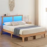 IDEALHOUSE Queen Bed Frame with Natural Rattan Headboard and LED Lights, Boho Wooden Platform Bed with Strong Wooden Slats, Noise-Free, No Box Spring Needed, Square