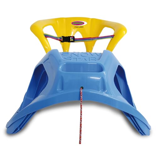JAMARA 460367 - Snow Play Schlitten mit Lehne Snow-Star 90cm blau - R&uuml;ckenlehne inkl. Sicherheitsband, ergonomischer Sitz, Metallkufen, Kippschutz, robuster Kunststoff, Seil mit Griff zum Ziehen, 3KG