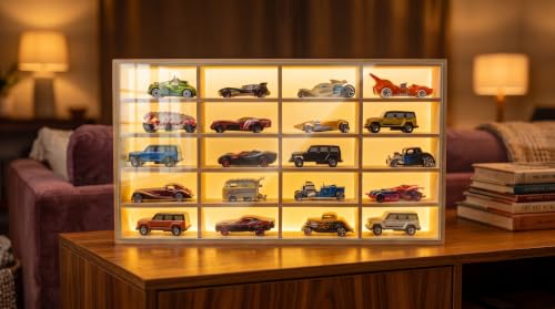 Image of Best of Craft Wooden LED 20 Compartment Car Display Rack with Acrylic Cover for 1:64 Diecast | & Tabletop Display Shelf with Warm LED Lights (Without Cars)