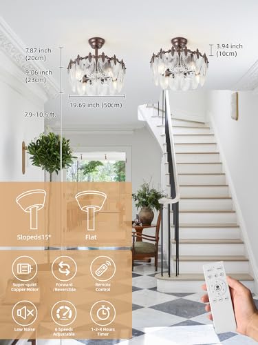 Image of 20 Inch Brown Crystal Fandelier Ceiling Fan with Light, Vintage Brown Ceiling Fans with Lights Remote Control, Caged with 6 Speeds for Bedroom, Nursery, Living Room