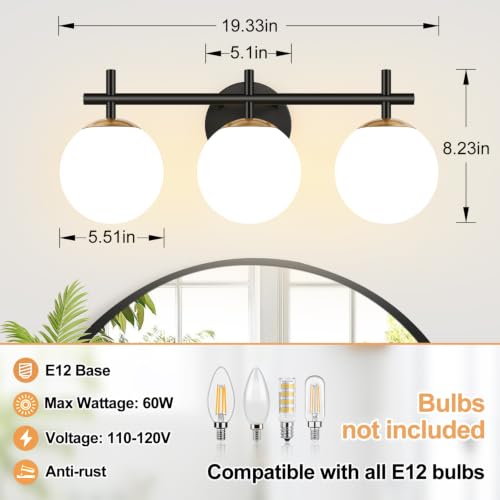 Image of 3-Light Bathroom Light Fixtures, Black and Gold Vanity Lights for Bathroom with Milky White Glass Shade, 19.3 inch Bathroom Lighting Fixtures Over Mirror, Compatible with E12 Bulbs (Bulb Not Included)