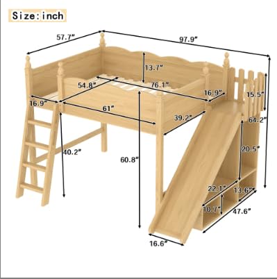 Image of Full Size Loft Bed with Storage Shelves, Cabinet & Detachable Slide and Ladders, Solid Wood Kids Loft Bed for Space-Saving, Playful & Organized Bedroom (Natural2, Full)