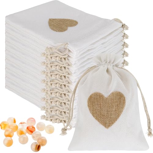 24 bolsas de arpillera con corazón, 15 x 20 cm, color blanco, regalo de yute con cordón para joyas, artesanía, boda, fiesta y Navidad