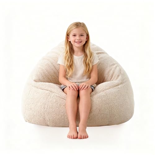 Bean Bag Chair Memory Foam Filled Kids Chairs Toddler Soft Sherpa Beanbag Chair Couch for Girls and Boys Adult Pets Dogs/Cats Lazy Beds S Light Cream
