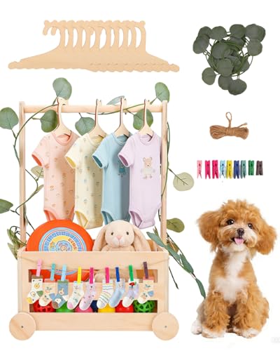 HAPPYER Wooden Dog Closet Pet Wardrobe Organizer 20 x 13 x 9 Inch Pet Clothes Storage Crate with Hanging Rack 10 Hangers Rope & Clips for Dog Puppy Cat Toys Clothes Accessories