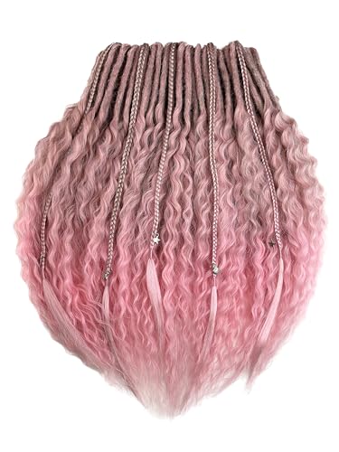 BOHO Curly Double Ended Dreadlock Extensions 21Inch Ombre Wavy Dreads 10 Strands Handmade Crochet Thin Soft Loc Extensions for Women Men Custom Dreadlock (Pastel Pink Cream)