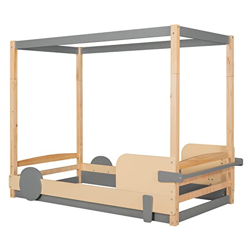 Canopy Bed Car Shaped Twin Platform Beds Wood Floor Bed Frame For Kids Boys Girls Juniors, Twin Size, Natural With Gray #TOP4