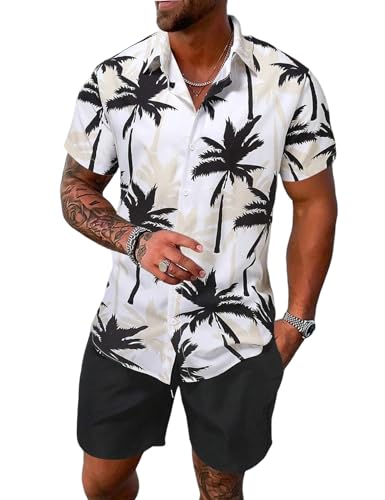Yimoon Men's Summer 2 Piece Outfits Tropical Print Short Sleeve Button...