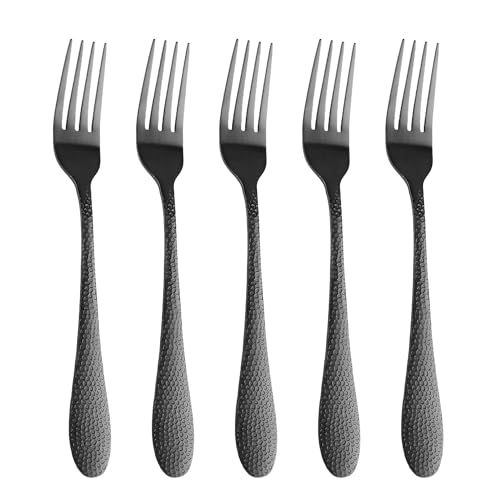 Image of 8.1 inch Hammered Charcoal Black Dinner Forks | 5-Piece Premium Stainless Steel Flatware Set | Elegant Dishwasher-Safe Cutlery for Home, Restaurants, and Gift Giving