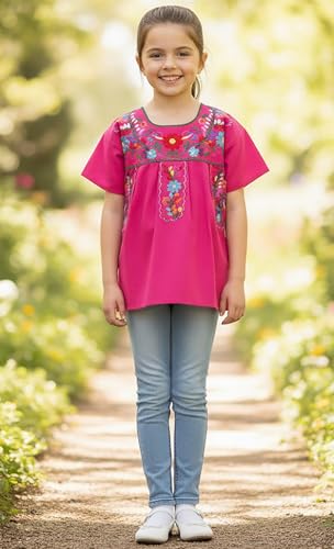 Image of YZXDORWJ Mexican Blouse for Girls Traditional Embroidered Summer Short Sleeve Peasant Blouse for Kids