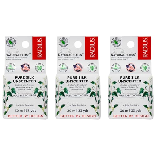 RADIUS Natural Silk Dental Floss Now 30% Thinner for Smooth Glide in Tight Teeth Hand-Spun Silk Infused with Coconut Oil Plastic-Free & Sustainable Packaging Unscented 33 YD - Pack of 3