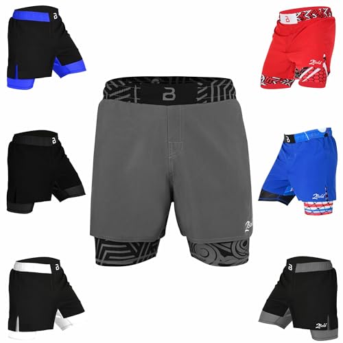 2BOLD MMA Herren-Shorts, 2-in-1, Jiu-Jitsu, integriertes Kompressionsfutter, athletisch, Fitnessstudio, Boxen, Muay Thai, BJJ, No-Gi Grappling-Shorts, Grau-Innenseite, Klein
