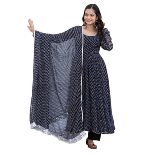 Image of Modestouze Attires Women's Rayon Printed Kurta Set | U Neck Full Sleeve Fit Flared Anarkali Kurti and Print Dupatta