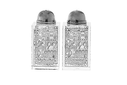Judaica Place Crystal Salt and Pepper Shaker Set, Silver Jerusalem Scene Design Salt and Pepper Dispenser Table Decor - 1.5" x 3.25"