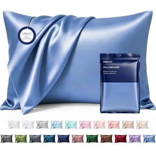Image of MR&HM Satin Pillowcase for Hair and Skin, Silk Satin Pillowcase 2 Pack, King Size Pillow Cases Set of 2, Silky Pillow Cover with Envelope Closure (20x40, Sky Blue)