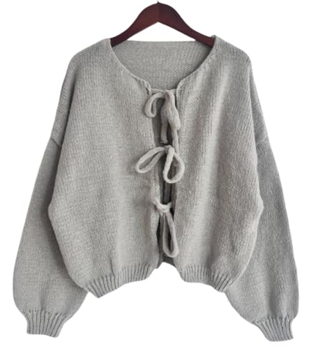 Womens V Neck Cardigan Sweater Bows Tie Open Front Chunky Knitwear Lightweight Coats3