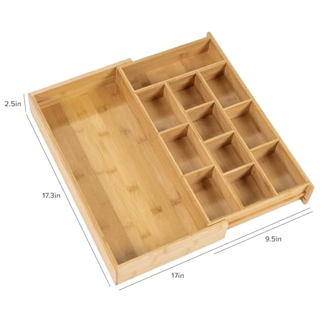 Tea Bag and Coffee Pod Kitchen Drawer Organizer, Expandable 9.7 to 17 Inches, 10 Accessory Compartments with Adjustable Wall Inserts, Non-Slip Rubber Feet, 100% Sustainable Bamboo Wood