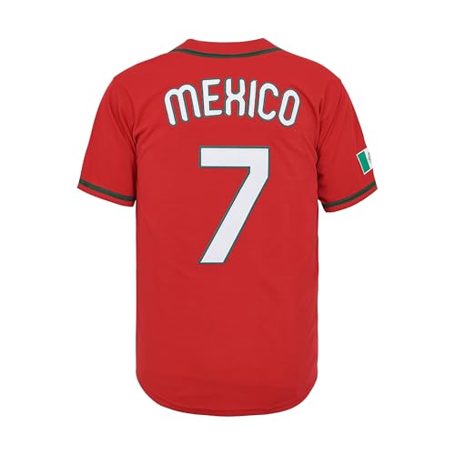 Camisa de beisebol masculina México 34 abotoada manga curta hipster anos 80S 90S Hip Hop, 7 Vermelho